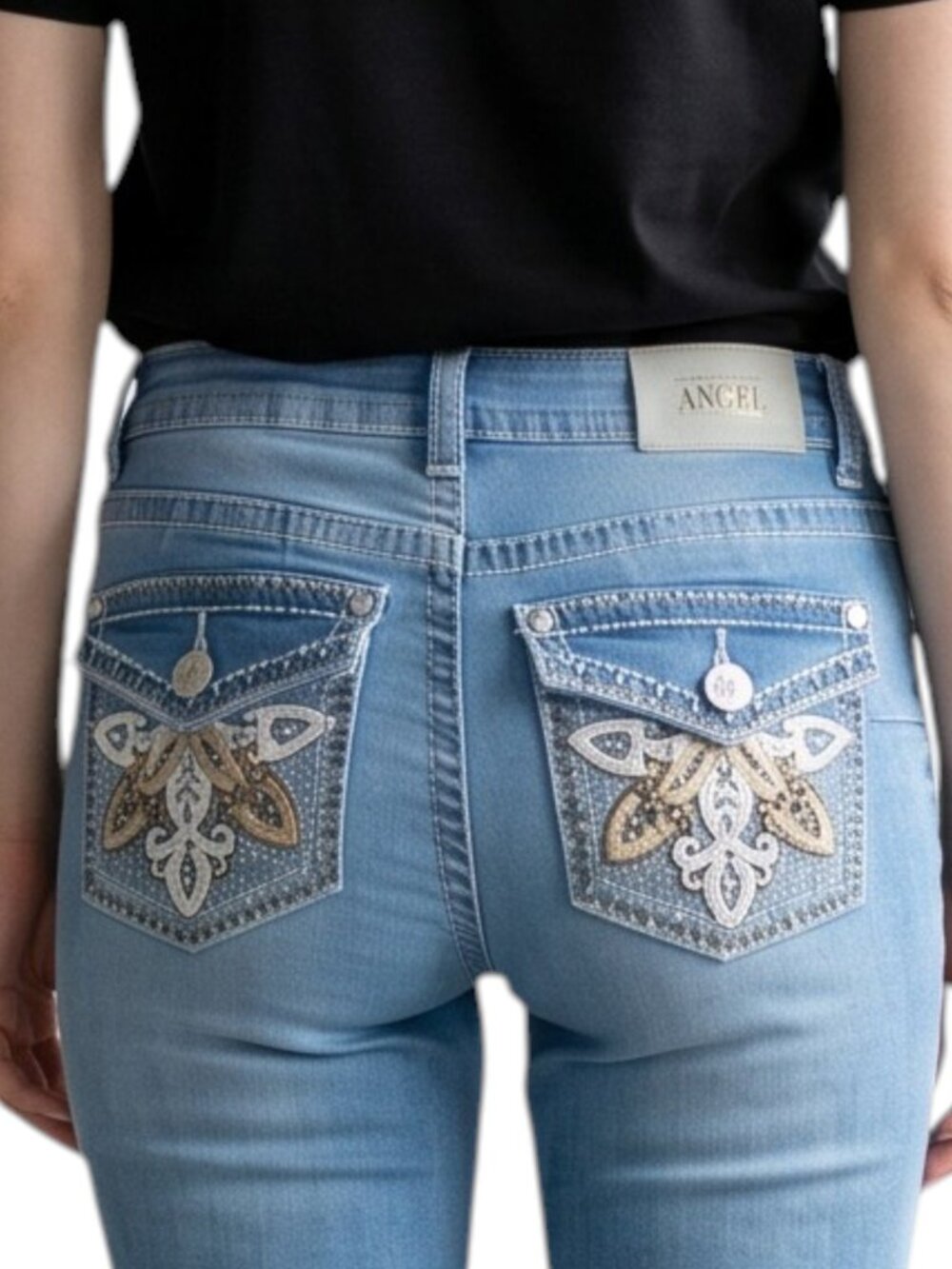 Angel Light Wash Jeans Women's Size 1 25R Stretch Embroidered Studded Pockets
